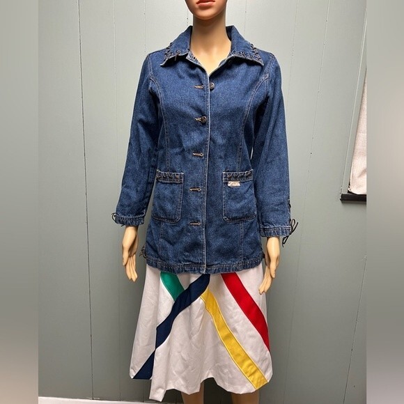 Vintage Lighthouse Jean Jacket Leather Lace up on arms sides pockets and neck. - Picture 2 of 16